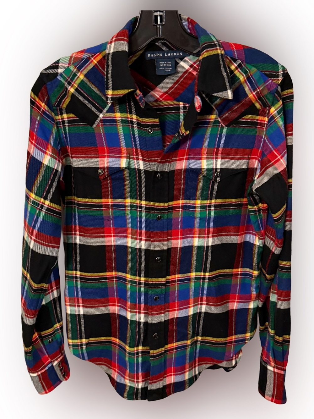 Ralph Lauren Women’s Snap Down Shirt Plaid Western Stitching Pockets Sz 4 EUC